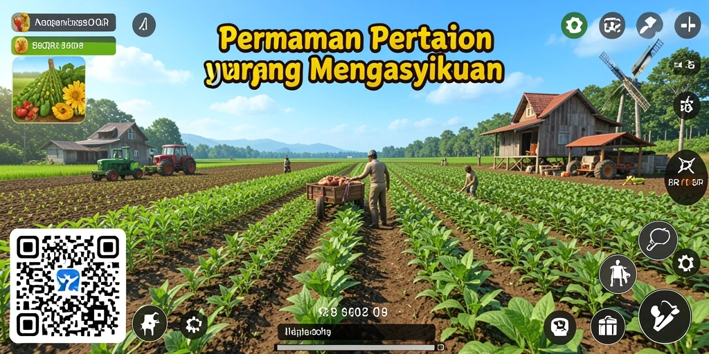 Screenshot 8QR menampilkan pengalaman bertani yang menyenangkan dan visuals yang menarik.