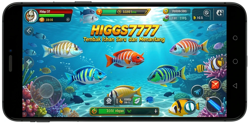 Screenshot gameplay HIGGS777 menampilkan aksi menembak ikan yang seru dan dinamis.